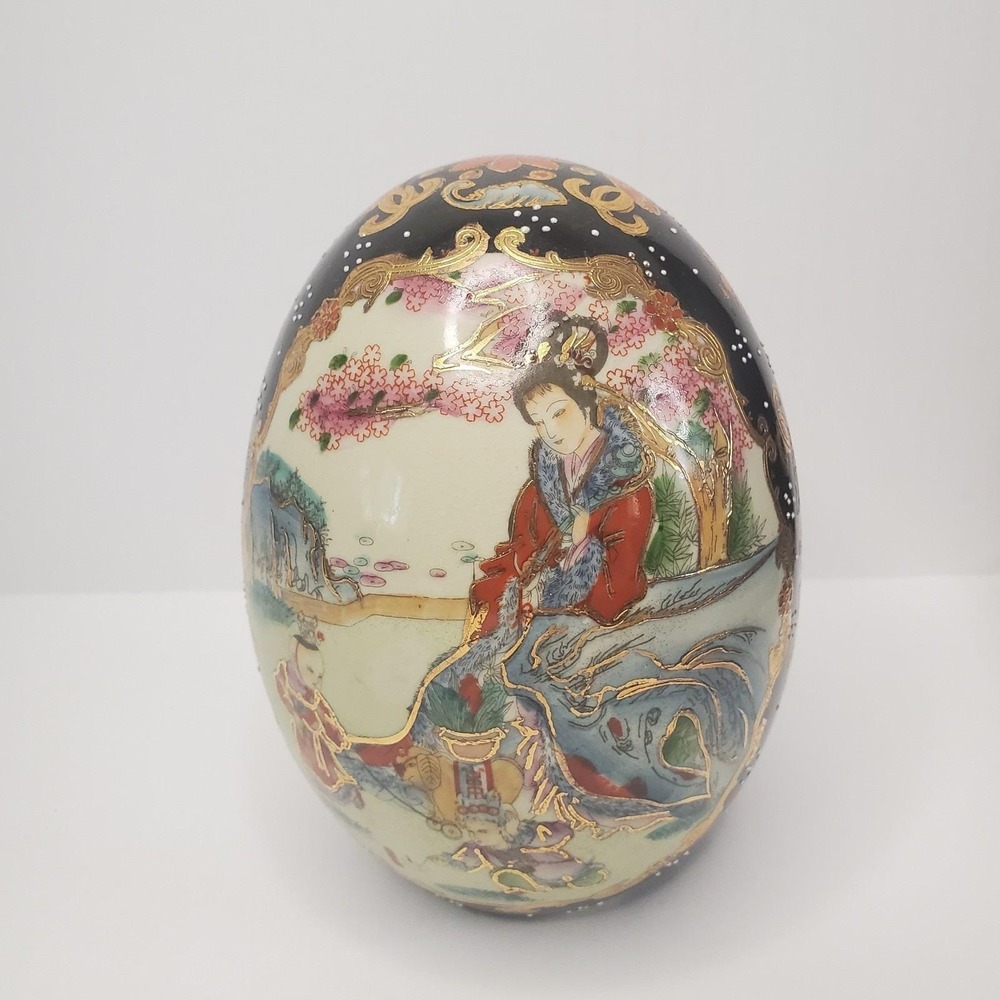 Vintage Satsuma Porcelain Egg Woman Watching Children Play 6" Tall